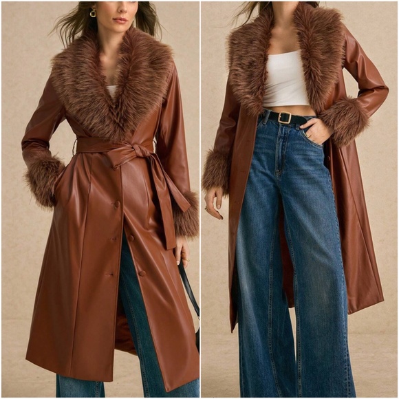 Luxe Camel Brown Vegan Fur Leather Pockets Button Down Jacket Coat - Picture 1 of 6